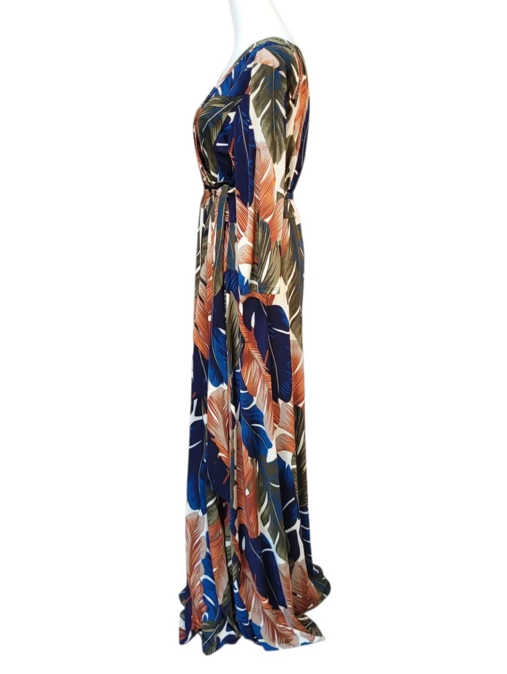 Janette Tropical Leaf Print V-Neck Maxi Dress Blue Brown Flowy Summer Sz XL - Picture 3 of 9